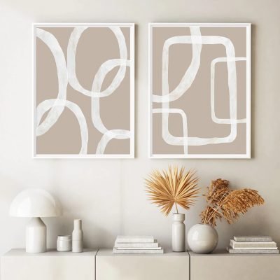 Modern Beige White Brush Minimalist Wall Art Pictures For Bedroom Living Room Decor