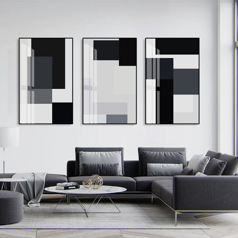 Modern Black White Gray Abstract Wall Art Bold Geometric Pictures For Home Office Decor