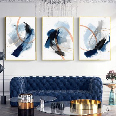 Modern Blue Ink Brushed Abstract Wall Art Pictures For Living Room Home Office Decor