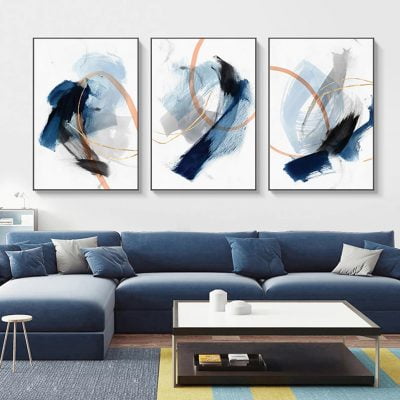 Modern Blue Ink Brushed Abstract Wall Art Pictures For Living Room Home Office Decor