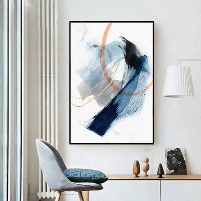 Modern Blue Ink Brushed Abstract Wall Art Pictures For Living Room Home Office Decor