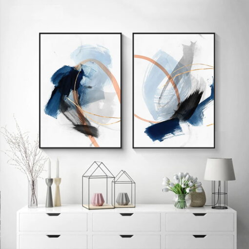 Modern Blue Ink Brushed Abstract Wall Art Pictures For Living Room Home Office Decor