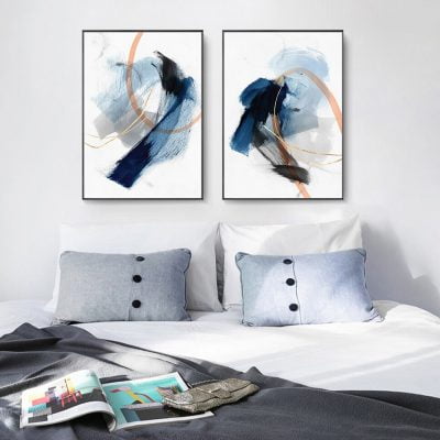 Modern Blue Ink Brushed Abstract Wall Art Pictures For Living Room Home Office Decor
