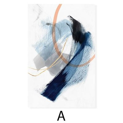 Modern Blue Ink Brushed Abstract Wall Art Pictures For Living Room Home Office Decor