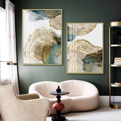 Modern Botanical Abstract Golden Tree Rings Wall Art Pictures For Luxury Living Room Decor