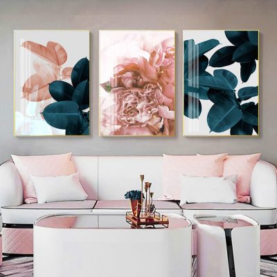 Modern Botanical Pink Peonies Floral Wall Art Green Leaves Pictures For Living Room Decor