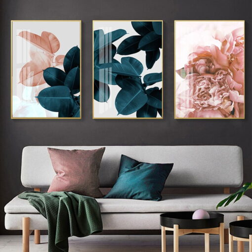 Modern Botanical Pink Peonies Floral Wall Art Green Leaves Pictures For Living Room Decor