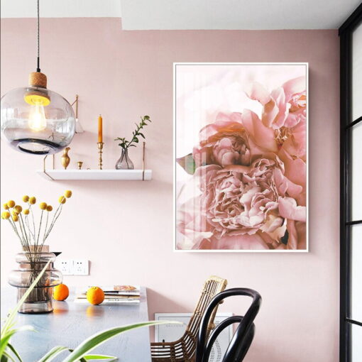 Modern Botanical Pink Peonies Floral Wall Art Green Leaves Pictures For Living Room Decor