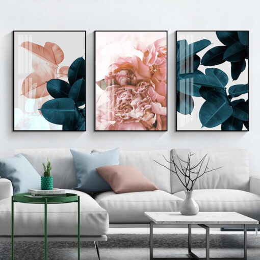 Modern Botanical Pink Peonies Floral Wall Art Green Leaves Pictures For Living Room Decor