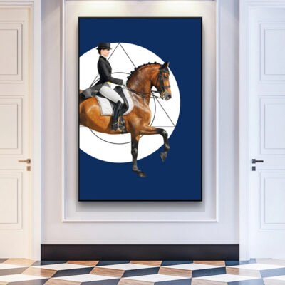 Modern Classic Dressage Wall Art Black Horse & Rider Equine Pictures For Home Office Decor