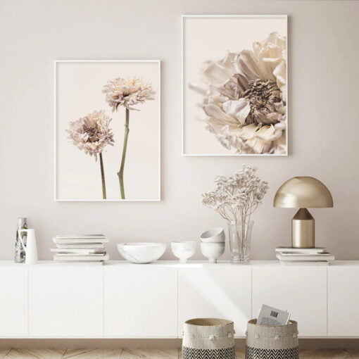 Modern Minimalist Beige Floral Wall Art Canvas Prints Pictures For Home Office Interior Decor