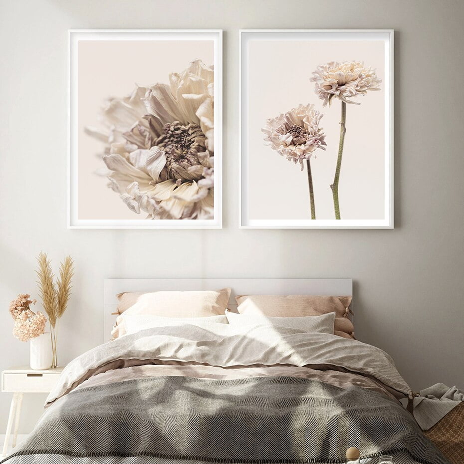 Modern Minimalist Beige Floral Wall Art Canvas Prints Pictures For Home Office Interior Decor