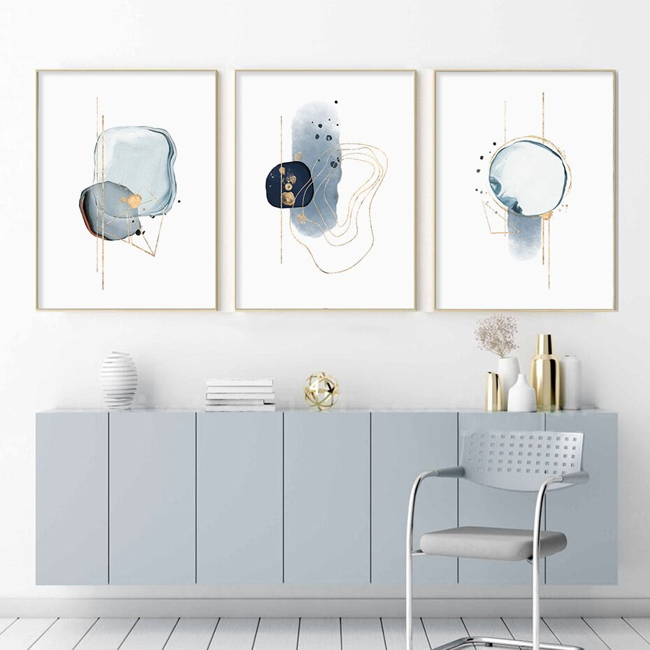 Modern Shades Of Blue Gold Abstract Wall Art Nordic Pictures For Home Office Interior Decor