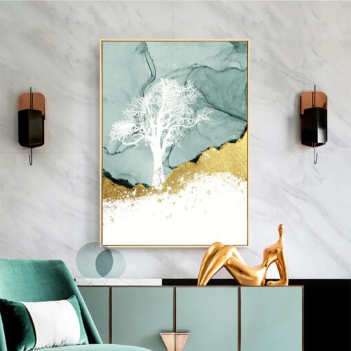 Nordic Mountain Abstract Landscape Wall Art Golden Deer Pictures For Living Room Decor