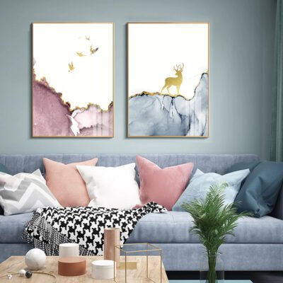 Nordic Mountain Abstract Landscape Wall Art Golden Deer Pictures For Living Room Decor