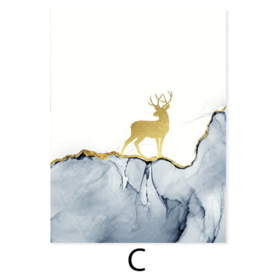 Nordic Mountain Abstract Landscape Wall Art Golden Deer Pictures For Living Room Decor