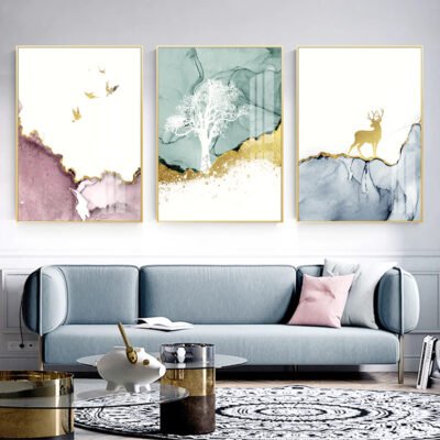 Nordic Mountain Abstract Landscape Wall Art Golden Deer Pictures For Living Room Decor