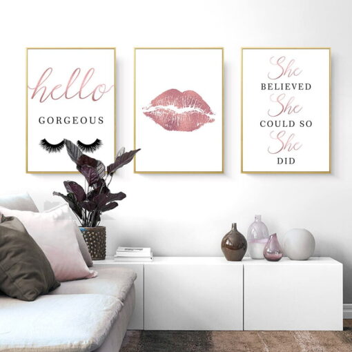 Rose Pink Lips Makeup Lashes Fashion Wall Art Pictures For Girl's Bedroom Salon Decor