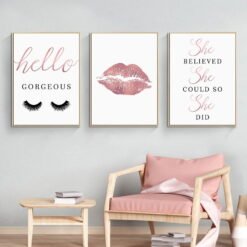 Rose Pink Lips Makeup Lashes Fashion Wall Art Pictures For Girl's Bedroom Salon Decor