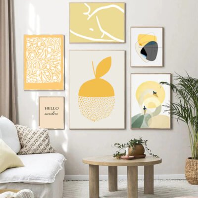 Shades Of Summer Abstract Yellow Gallery Wall Art Pictures For Modern Living Room Decor