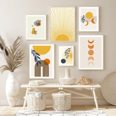 Sun Ray Moon Phases Wall Art Abstract Bohemian Botanical Pictures For Living Room Decor