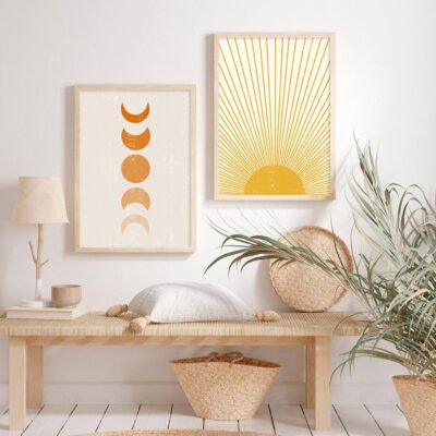 Sun Ray Moon Phases Wall Art Abstract Bohemian Botanical Pictures For Living Room Decor