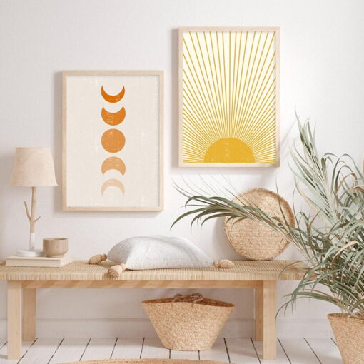 Sun Ray Moon Phases Wall Art Abstract Bohemian Botanical Pictures For Living Room Decor