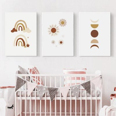 Sun Stars Moon Phases Trendy Boho Rainbow Nursery Wall Art For Kids Room Decor