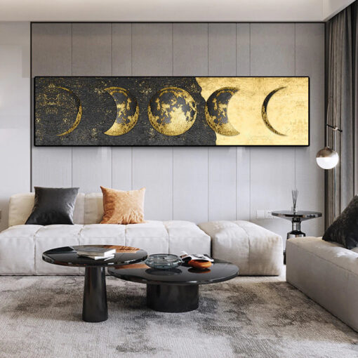 Wide Format Black Golden Moon Phases Wall Art Bedroom Pictures For Above The Bed