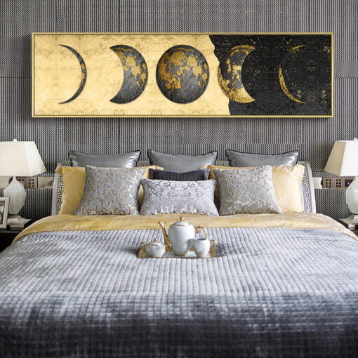 Wide Format Black Golden Moon Phases Wall Art Bedroom Pictures For Above The Bed