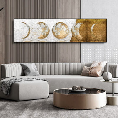 Wide Format Black Golden Moon Phases Wall Art Bedroom Pictures For Above The Bed