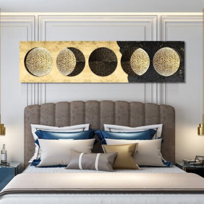 Wide Format Black Golden Moon Phases Wall Art Bedroom Pictures For Above The Bed