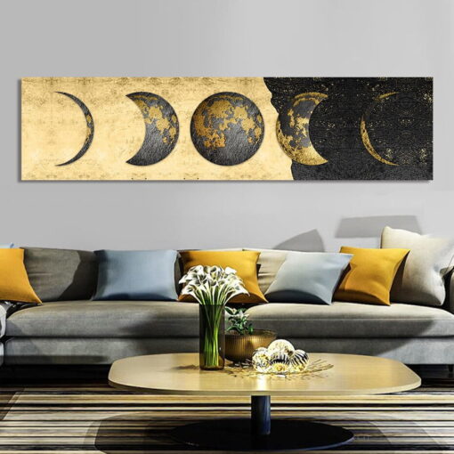 Wide Format Black Golden Moon Phases Wall Art Bedroom Pictures For Above The Bed