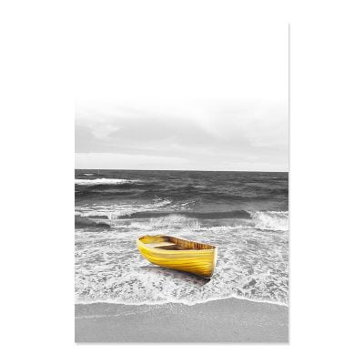 Yellow Boat Mountain Black & White Landscape Wall Art Decor For Modern Home Office