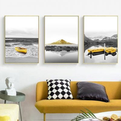 Yellow Boat Mountain Black & White Landscape Wall Art Decor For Modern Home Office