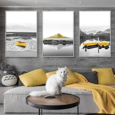 Yellow Boat Mountain Black & White Landscape Wall Art Decor For Modern Home Office