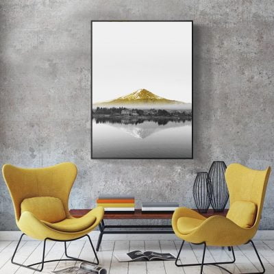 Yellow Boat Mountain Black & White Landscape Wall Art Decor For Modern Home Office