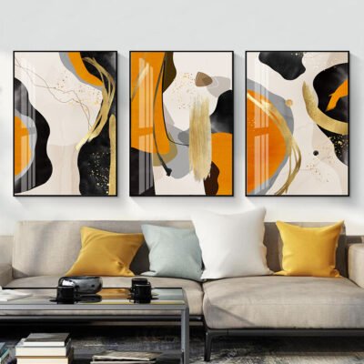 Golden Brushed Bold Orange Black Abstract Wall Art Pictures For Modern Loft Interior Decor