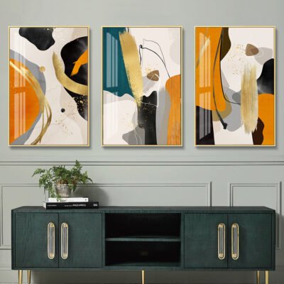 Golden Brushed Bold Orange Black Abstract Wall Art Pictures For Modern Loft Interior Decor