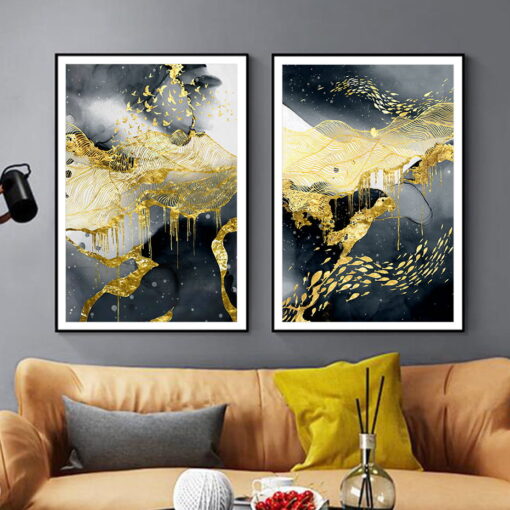 Abstract Black Golden Liquid Landscape Wall Art Modern Pictures For Luxury Living Room