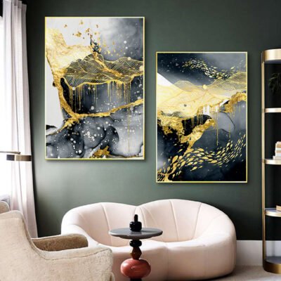 Abstract Black Golden Liquid Landscape Wall Art Modern Pictures For Luxury Living Room