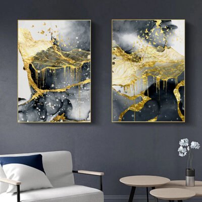 Abstract Black Golden Liquid Landscape Wall Art Modern Pictures For Luxury Living Room