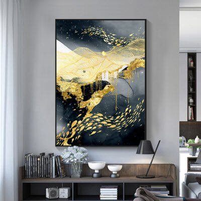 Abstract Black Golden Liquid Landscape Wall Art Modern Pictures For Luxury Living Room