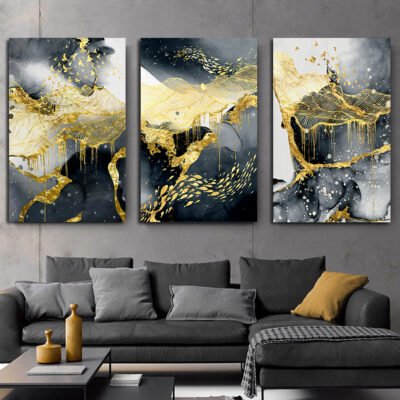 Abstract Black Golden Liquid Landscape Wall Art Modern Pictures For Luxury Living Room