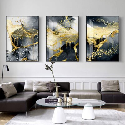 Abstract Black Golden Liquid Landscape Wall Art Modern Pictures For Luxury Living Room