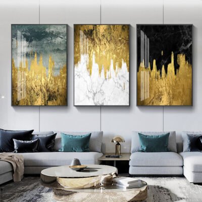 Abstract Golden Jade Black White Marble Print Wall Art Pictures For Luxury Living Room