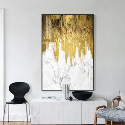 Abstract Golden Jade Black White Marble Print Wall Art Pictures For Luxury Living Room