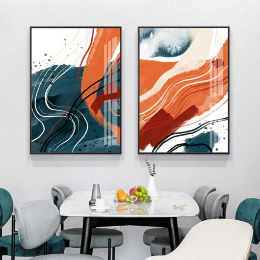 Blue Orange Wavy Brush Wall Art Modern Abstract Pictures For Living Room Home Decor