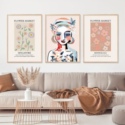 Bohemian Floral Fashion Lady Wall Art Beige Pink Pictures For Bedroom Living Room Decor