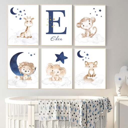 Cute Animals Moon & Stars Personalized Name Nursery Wall Art For Baby's Room Decor